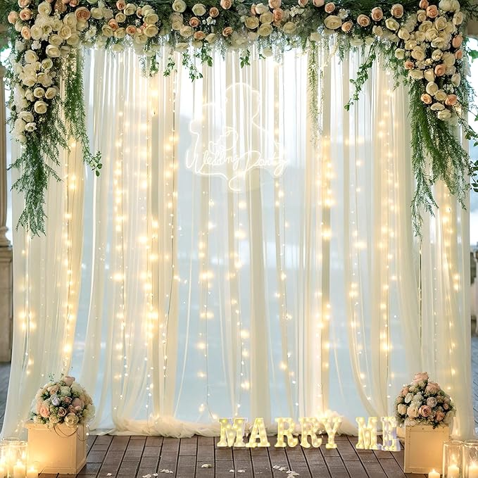 10ft x 10ft Ivory Tulle Photo Backdrop Curtain with Lights String for Parties Wedding Sheer Ivory Curtain Backdrop for Birthday Party Bridal Shower Photo Booth Photography Background Decorations