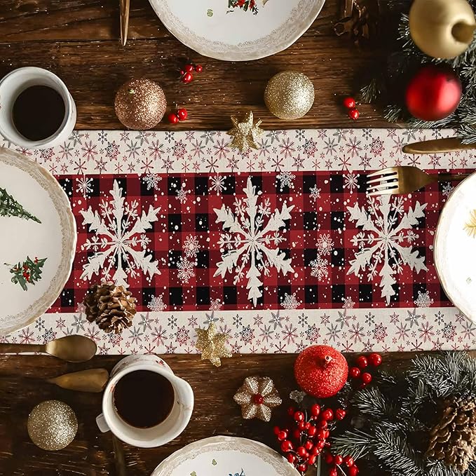 Buffalo Plaid Christmas Cotton Linen Table Runner for Dining Kitchen, Snowflake Red Black Check Wedding Outdoor Party Tablerunner Decoration, Retro Dresser Scarf Coffee Tablecloth Runners 13x72 Inches
