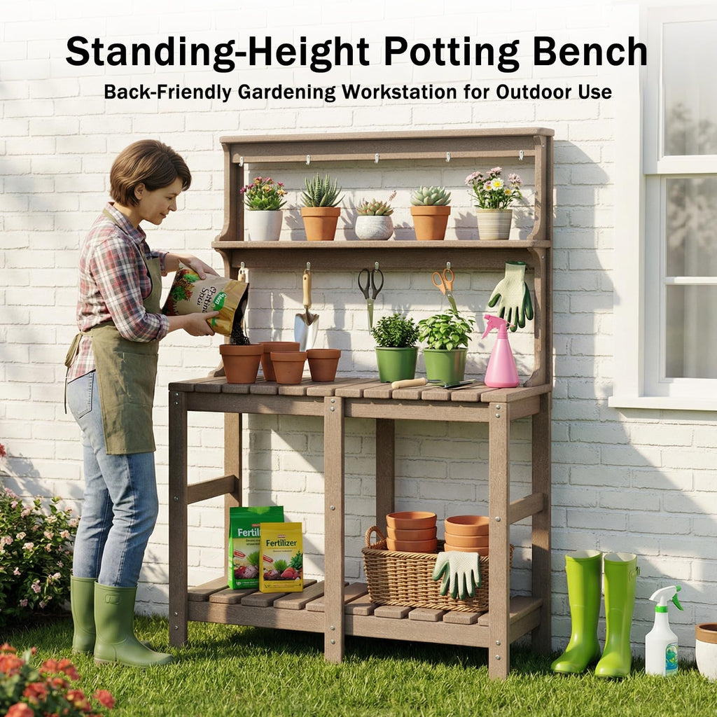 Polyhouz Outdoor Potting Bench with 3 Tier, All-Weather Patio Potting Table with Tool Hooks, HDPE Gardening Table for Backyard, Garden, Brown