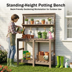 Polyhouz Outdoor Potting Bench with 3 Tier, All-Weather Patio Potting Table with Tool Hooks, HDPE Gardening Table for Backyard, Garden, Brown