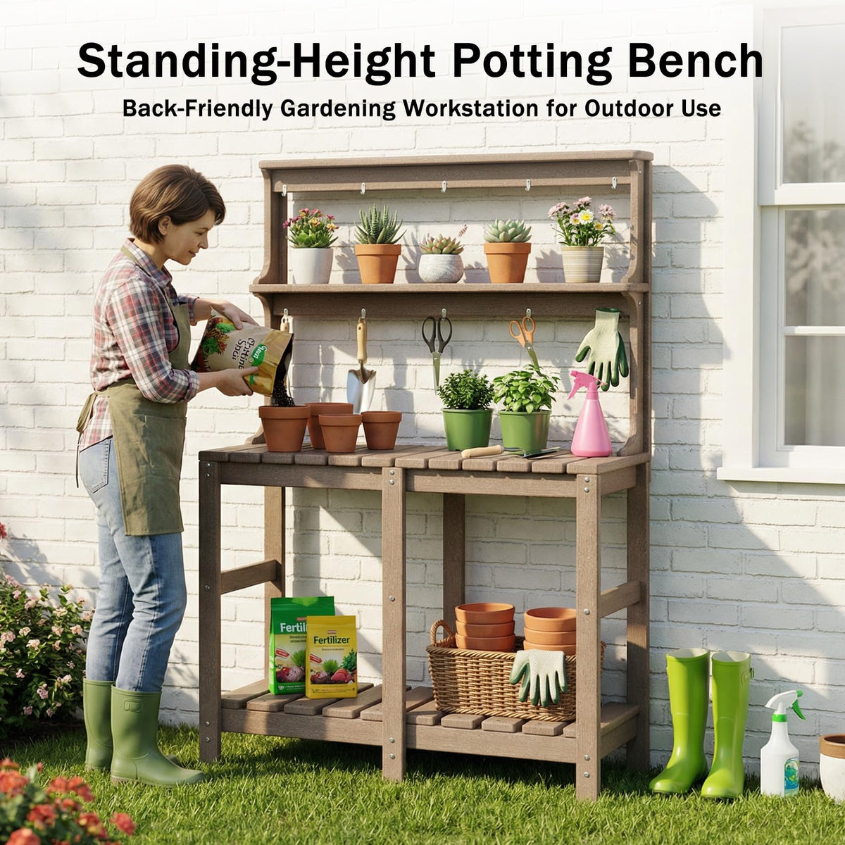 Polyhouz Outdoor Potting Bench with 3 Tier, All-Weather Patio Potting Table with Tool Hooks, HDPE Gardening Table for Backyard, Garden, Brown