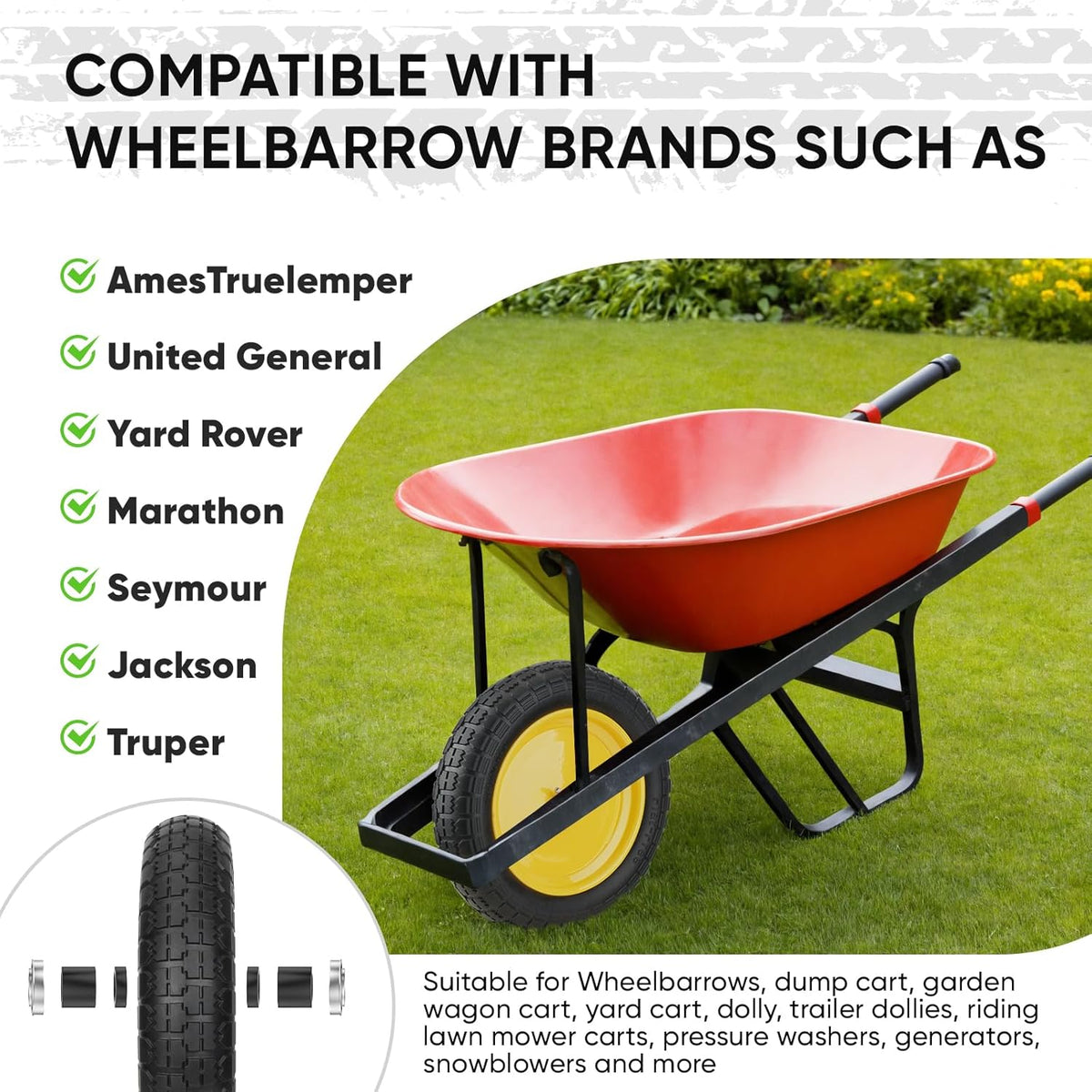 TICONN 4.80/4.00-8 Tire, 16" Flat Free Wheelbarrow Tire and Wheel, Solid Replacement Tires, 5/8" 3/4" Bearings, Universal Fit 4.80/4.00-8, 3.50/3.00-8, 4.00-6 (16" Yellow, 2PK)