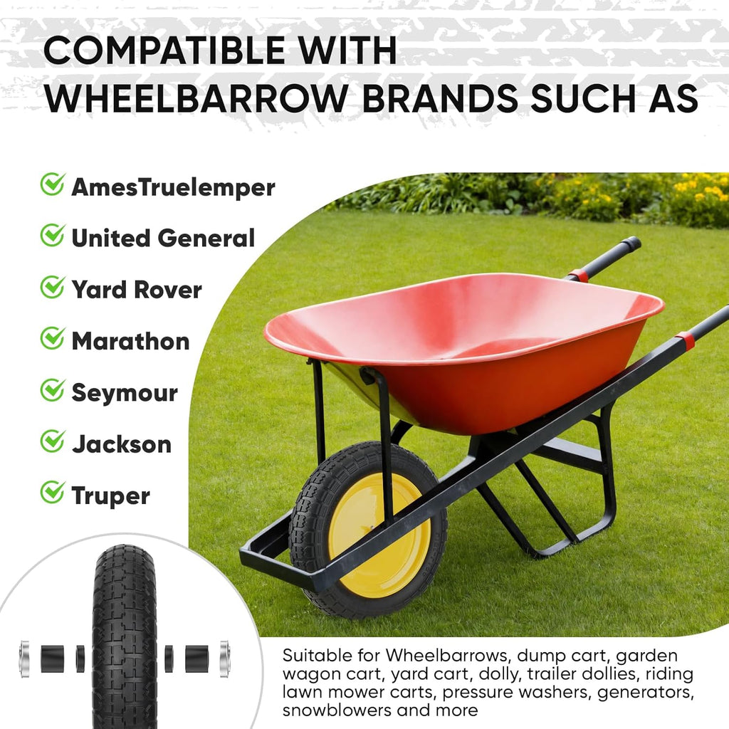 TICONN 4.80/4.00-8 Tire, 14.5" Flat Free Wheelbarrow Tire and Wheel, Solid Replacement Tires, 5/8" 3/4" Bearings, Universal Fit 4.80/4.00-8, 3.50/3.00-8, 4.00-6 (14.5" Yellow, 4PK)