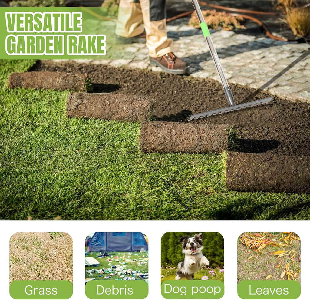 Joyhalo 14-Tine Garden Rake - Adjustable Length 30.5 to 57 Inch, Metal, Levels Soil & Rocks