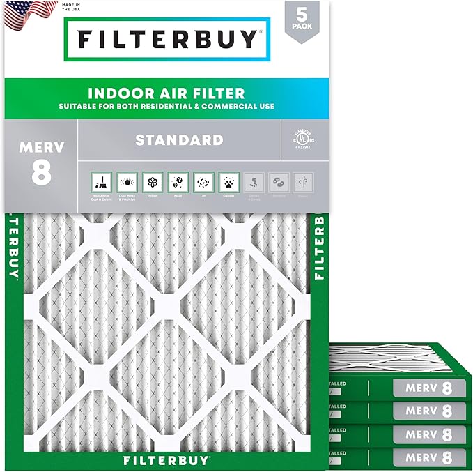 Filterbuy 15x20x1 Air Filter MERV 8 Essential Dust & Allergy Defense (5-Pack), Electrostatic Pleated HVAC AC Furnace Filters Replacement, Made in USA (Actual Size: 14.50 x 19.50 x 0.75)