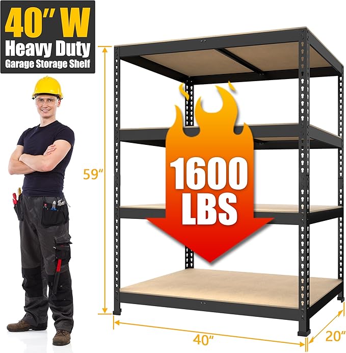 PrimeZone 40" W x 20" D x 59" H Heavy Duty Storage Shelves, 4 Tier Adjustable Garage Shelving Unit, Metal Organizer Shelf Utility Rack for Warehouse Pantry Closet Kitchen, Black