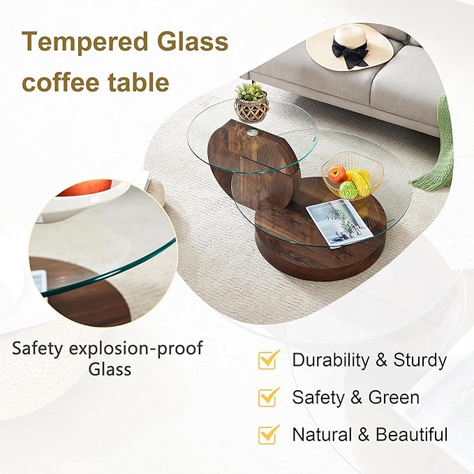 Glass Coffee Table, Modern Round Glass Coffee Table with Wooden Base, 3 Tier Round Coffee Table, Clear Cocktail Table with Storage for Living Room, Office, Balcony, Walnut