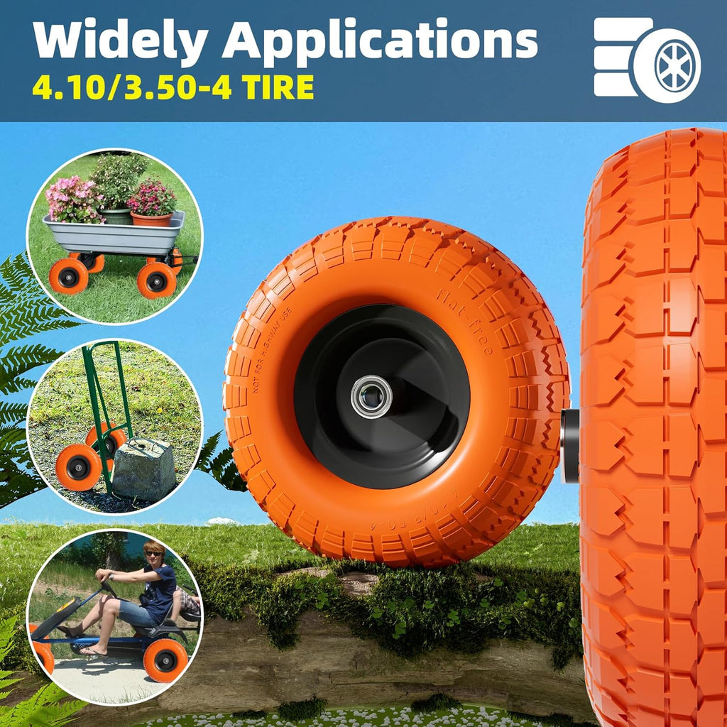 【UPGRADED】4.10 3.50-4 Tire and Wheel, 10 Inch Flat Free Tires 4 Pack with 5/8” Axle Bore Hole and Double Sealed Bearings, for Dolly Tires/Hand Truck/Dump Cart