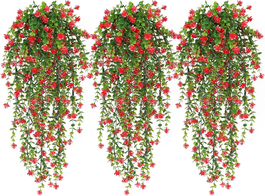 RECUTMS Artificial Hanging Plants Fake Hanging Vine Flowers Fake Plants Faux Hanging Plants Outdoor Faux Eucalyptus Leaf Greenery Wall Indoor Room Wall Wedding Patio Porch Decor(Red)