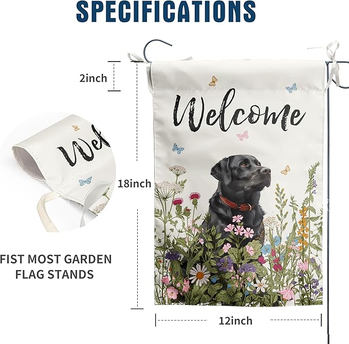 Spring Summer Garden Flag Floral Black Lab Yard Flag Flower Labrador Dog Garden Flags for Outside Small Outdoor Welcome Flags 12x18 Double Sided