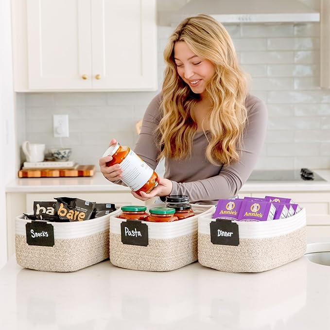 NaturalCozy 13.5”x8.5”x5.5” Storage Baskets for Shelves 3 Pack | Cotton Rope Woven Small Baskets for Organizing | Small Storage Bins for Nursery, Bathroom, Closet, Cube Shelf, Decorative, Gift
