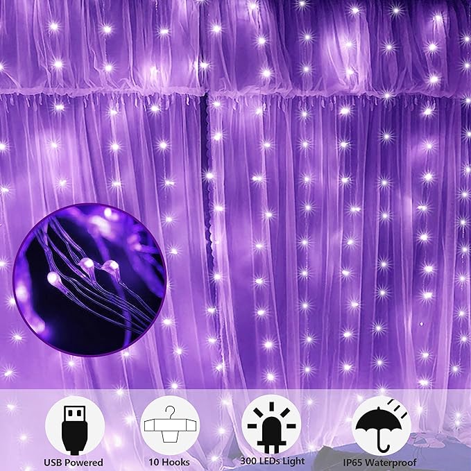HOME LIGHTING Window Curtain String Lights, 300 LED 8 Lighting Modes Fairy Copper Light with Remote, USB Powered for Halloween Christmas Bedroom Party Wedding Home Garden Wall Decorations, Purple