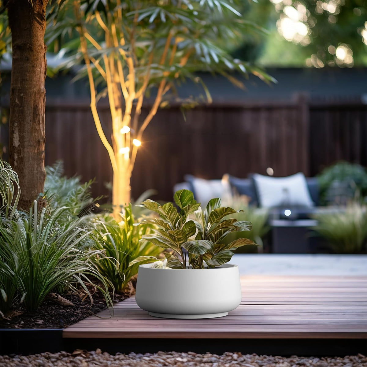 Kante 16.1" Dia Round Curvy Concrete Planter, Large Plant Pots with Drainage Hole and Rubber Plug for Indoor Outdoor Plants, Flower Pot for Home Garden Patio Porch, White