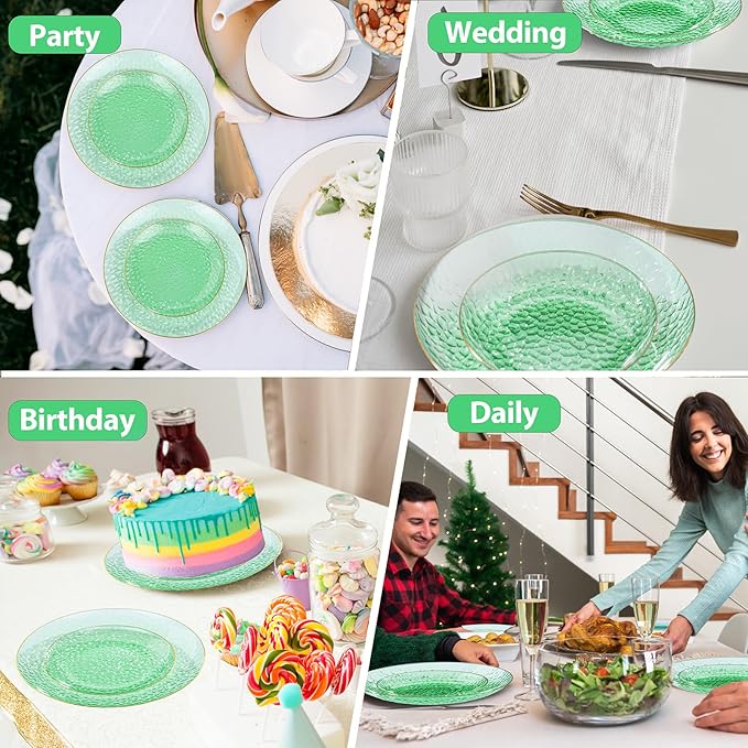 Rubtlamp 100 Pcs Green And Gold Plastic Plates - 10 inch Clear Green Gold Dinner Plates - Hammer Pattern Design - Fancy Disposable Platos - Heavy-Duty Party Platos Ideal for Wedding
