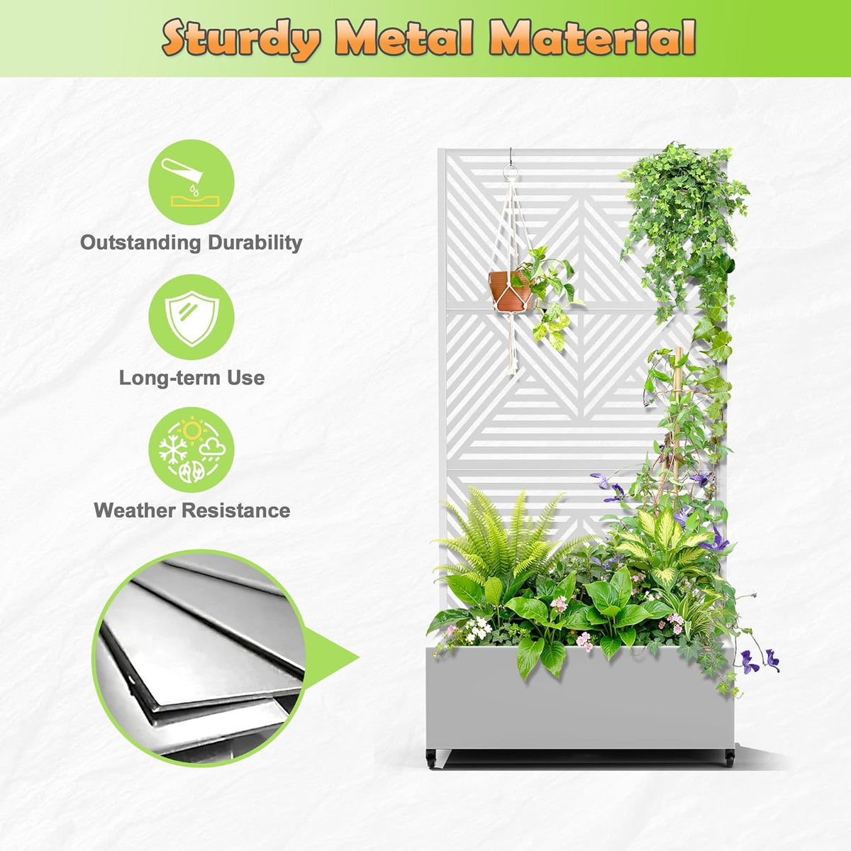Metal Raised Garden Bed with Trellis, 2-in-1 Planter Box & Privacy Screen for Climbing Plants, Outdoor Standing Flower Bed with Drainage Holes, 35.4" L x 15.7" W x 70.1" H, White-Zodiac