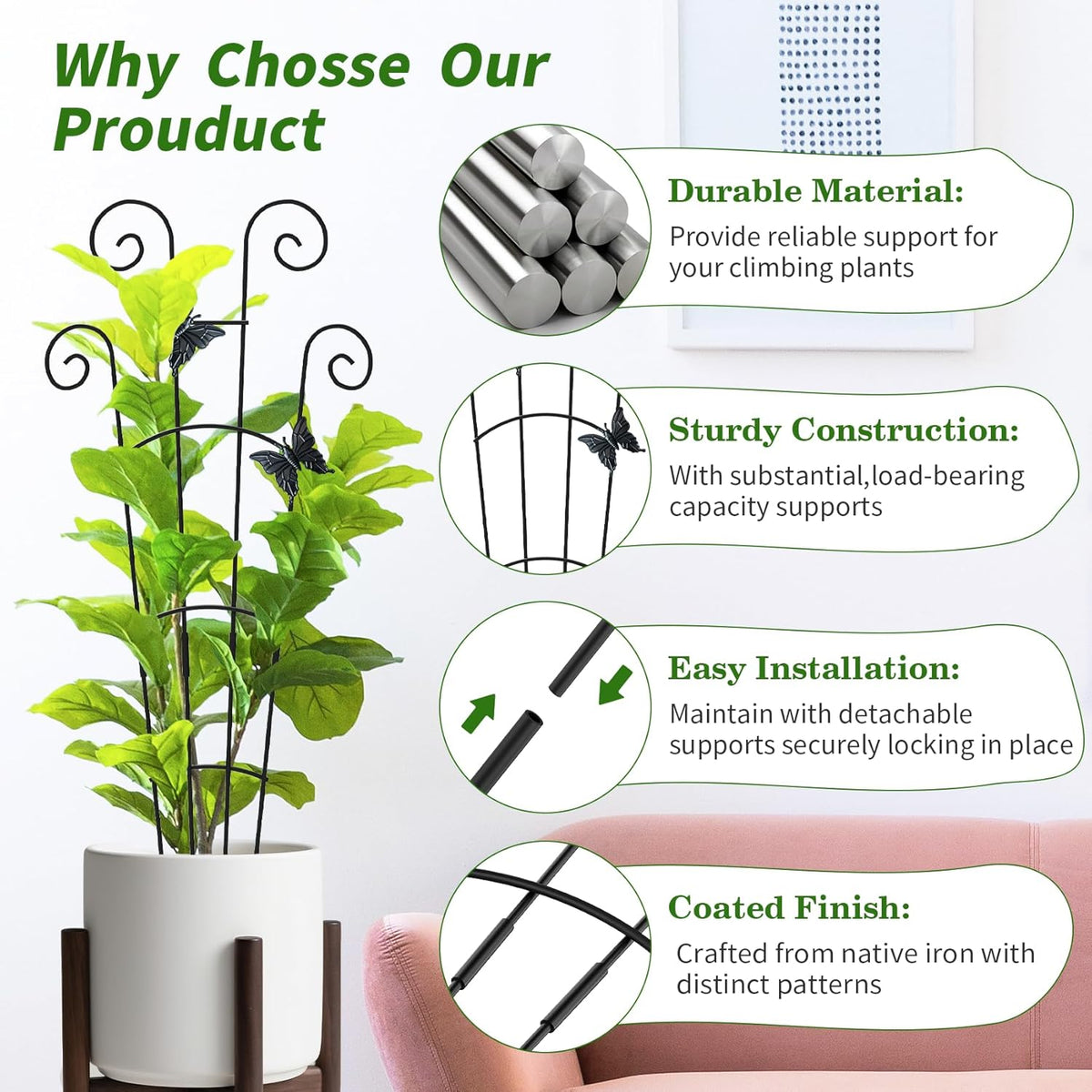 2 Pack 30'Taller Plant Trellis for Potted Climbing Plants Indoor,Expandable Metal Garden Trellis for Climbing Plants,Flowers Vine Ivy, Sturdy Houseplant Support for Potted Plants with Ties