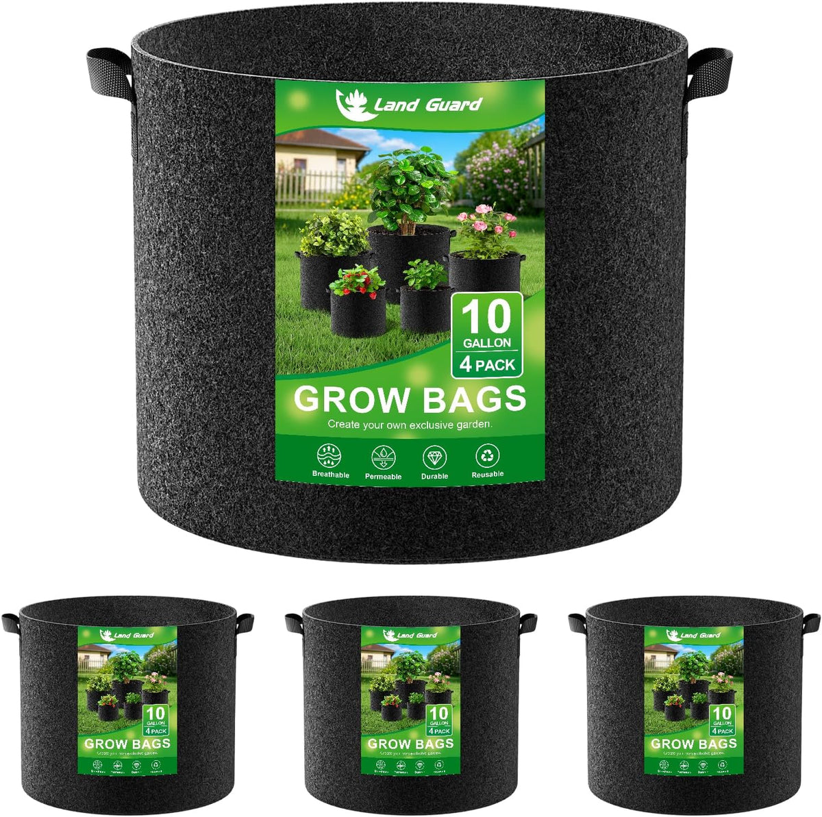 Land Guard 4-Pack Fabric Grow Bags 10 Gallon, Thickened Nonwoven Garden Pots, Growing Bags with Handles, Black
