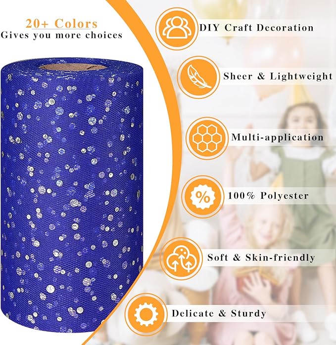 Glitter Tulle Rolls, 6” by 50 Yards (150FT) Sequin Tule Netting Fabric Tulle for Tutu Skirts Sewing Birthday Wedding Party Decoration (Royal Blue)