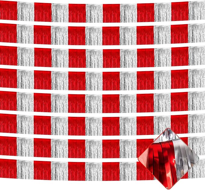 10 Pack 10 Feet Foil Fringe Garland Metallic Tinsel Streamers Banner Wall Hanging Backdrop for Parade Floats, Circus Welcome Carnival Birthday Party Decorations(Silver Red)