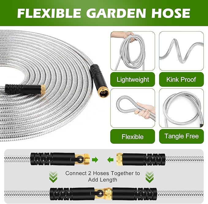 Metal Garden Hose 25 ft Stainless Steel Heavy Duty Water Hose with 10 Function Nozzles Flexible Lightweight Kink-Free Leakproof Sturdy Hoses Pipe 3/4" Brass Fitting for Outdoor Yard Lawn RV