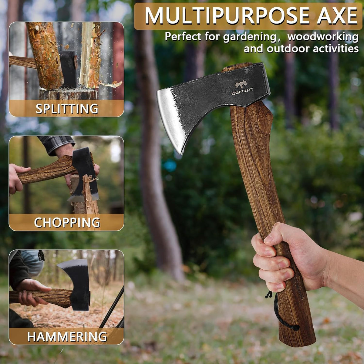 15.7" Hatchet Axe, Camping Hatchet, Hand-Forged Axe with Sheath for Wood Chopping, Splitting, and Carving, Bushcraft Axe with Beech Handle for Outdoor Survival and Garden Work