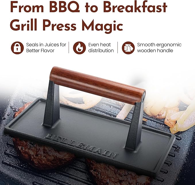 Bellemain Bacon Press Rectangle | Heavy-Duty Cast Iron Grill Press for Perfectly Seared Bacon, Steak & Sandwiches | Equalized Weight Distribution