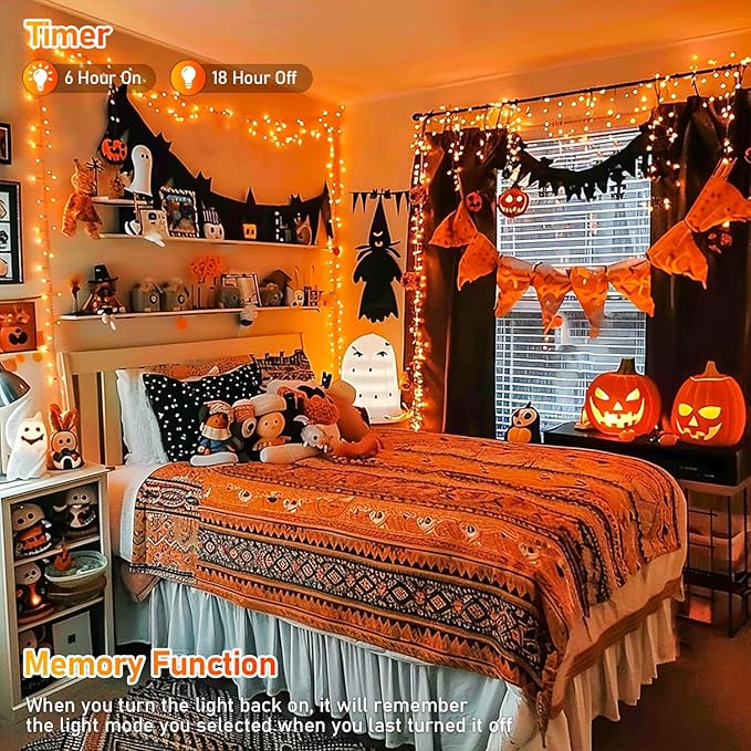 JMEXSUSS 150LED Orange Halloween Lights Indoor Outdoor, Connectable Christmas String Lights Indoor Plug in, 8 Modes Orange Lights for Halloween Fireplace Tree Bedroom Party Decor