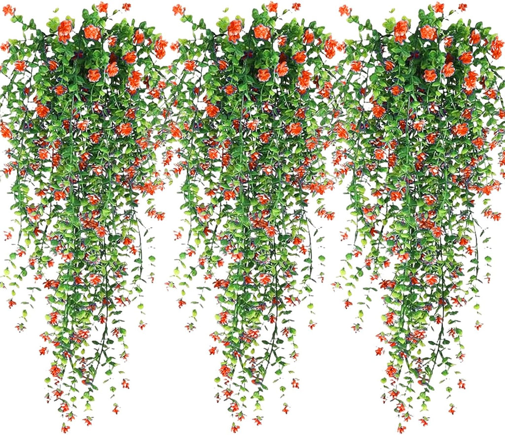 Artificial Hanging Flowers, 3 Pcs Fake Hanging Plants Artificial Vines for Outdoors, Fake Ivy Vine UV Resistant No Fade Faux Plants for Indoor Outside Garden Patio Yard Greenery Decoration (Orange)