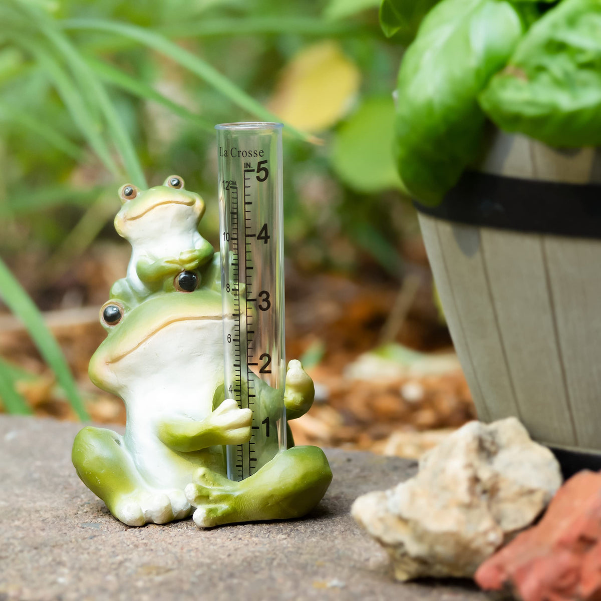 La Crosse 704-4114 5 in. Table Standing Polyresin Frog Rain Gauge