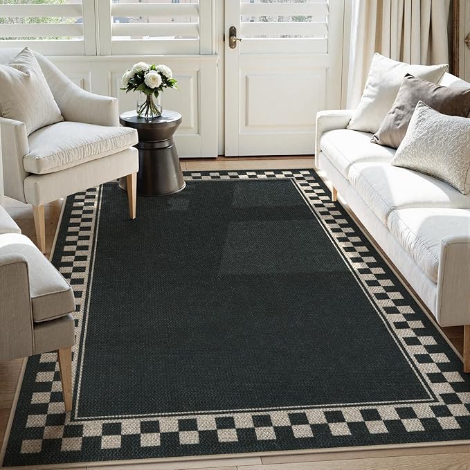 OJIA Easy Jute 5x7 Area Rugs, Washable Outdoor Patio Rug for Living Room Checkered Border Indoor Outdoor Rugs Farmhouse Non-Slip Black Carpet Geometric Rug for Backyard Entryway Dining Room