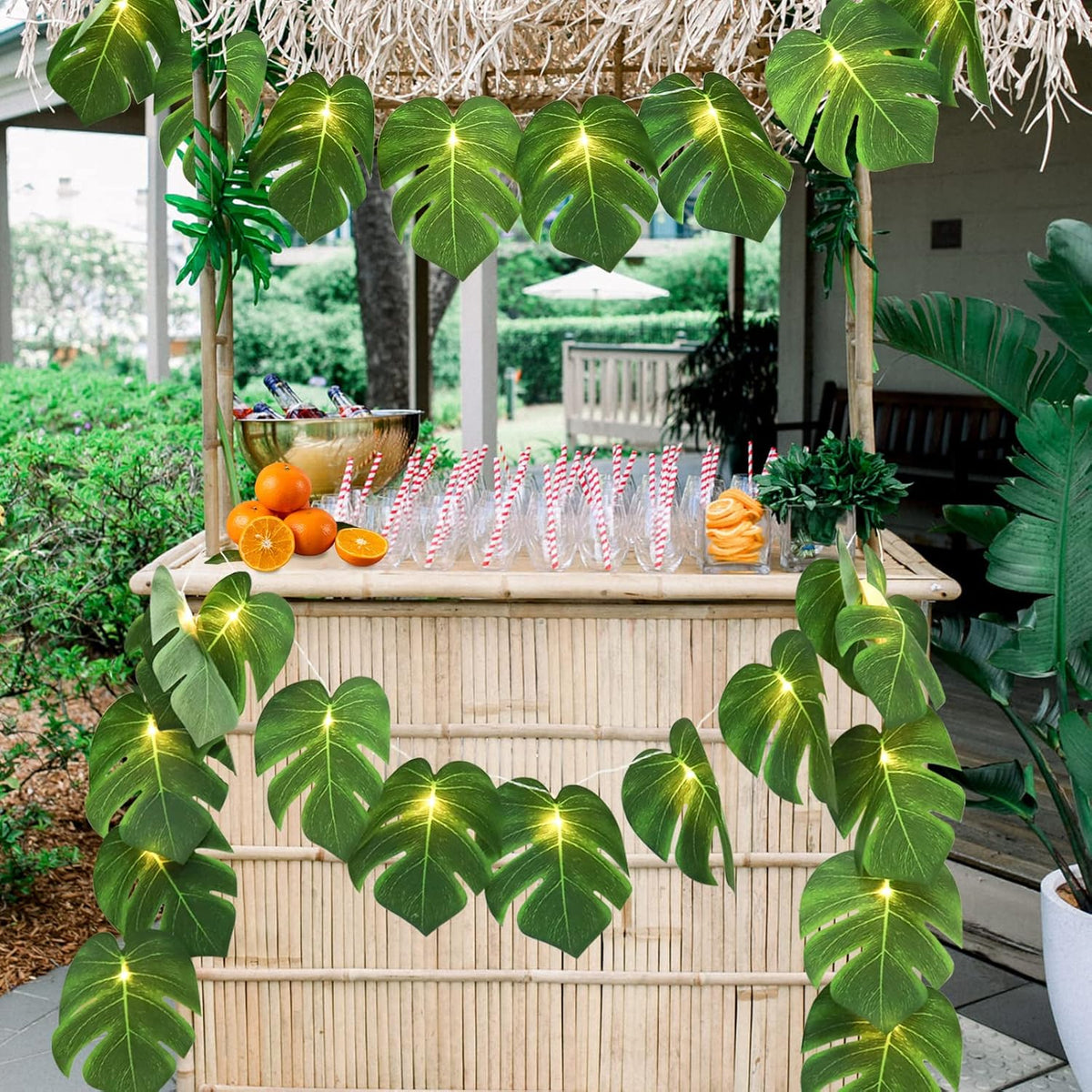RECUTMS 2 Pack Artificial Tropical Palm Leaves String Lights, Large Size 20 LED Monstera Green Leaf Hanging Vine Greenery,Indoor Hawaiian Luau Jungle Beach Safari Baby Shower Party Spring Summer Decor