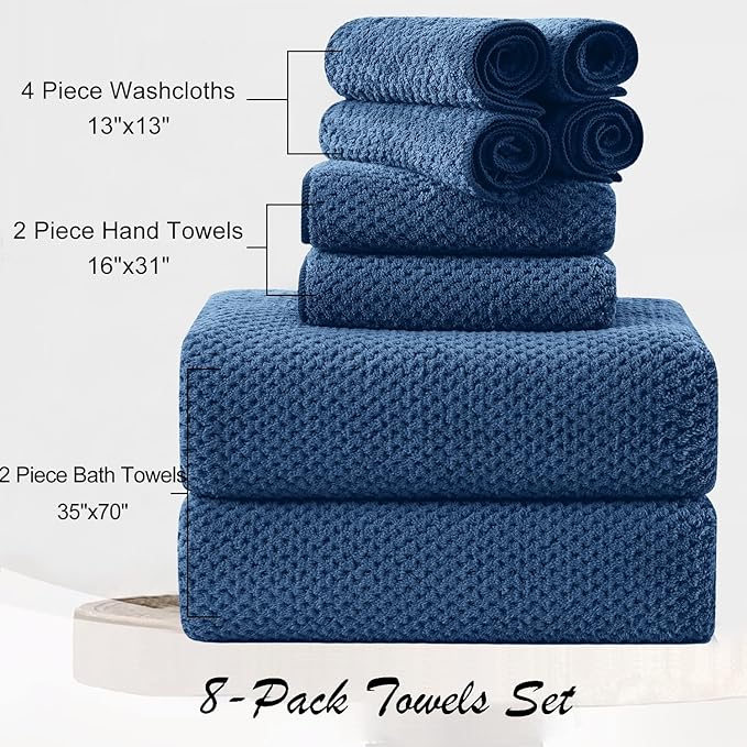 8 Piece Large Navy Family Bath Towel Set-2 Oversized Bath Towel Sheets,2 Hand Towels,4 Washcloths-600GSM Soft Highly Absorbent Quick Dry Beach Chair Towels Woven Towels for Bathroom Hotel and Spa