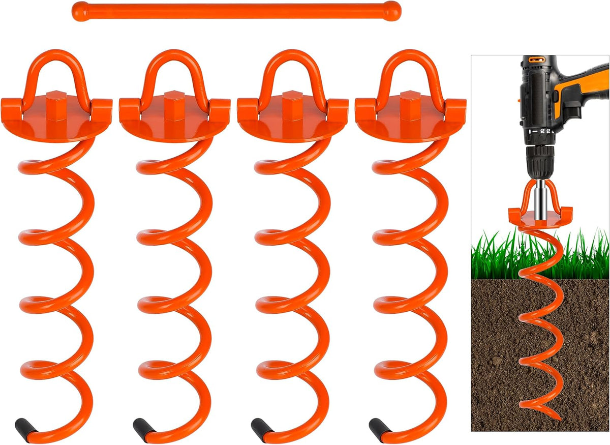 FEED GARDEN 12.2 Inch Spiral Ground Anchors Heavy Duty Screw in Spiral Stakes, 4 Pack Folding Ring Ground Stakes for Securing Dogs,Tents, Trampolines, Canopies, Swing Sets,Orange