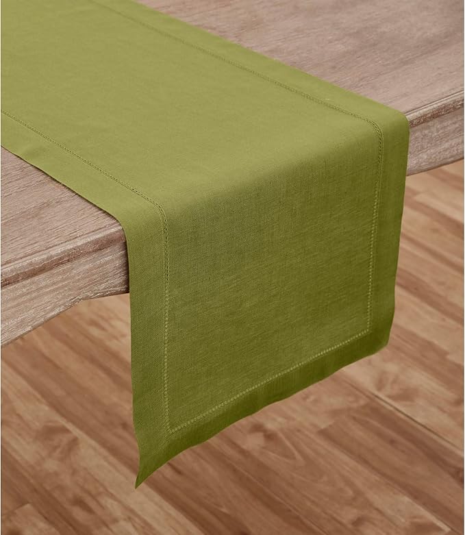 Solino Home Linen Hemstitch Table Runner 108 Inches Long - 100% Pure Linen Avocado Green Table Runner 14 x 108 Inch for Fall, Autumn, Thanksgiving - Classic Hemstitch