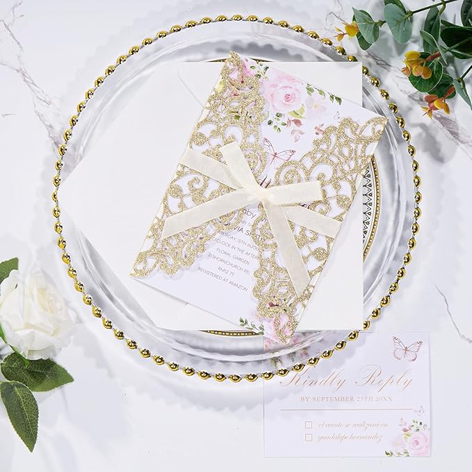 50Pcs Gold Glitter Laser Cut Wedding Invitation with Envelopes RSVP Cards and Ribbons Blank Card Invitaciones Para 15 Años Personalizados Quinceañera Baby Shower Party Invites