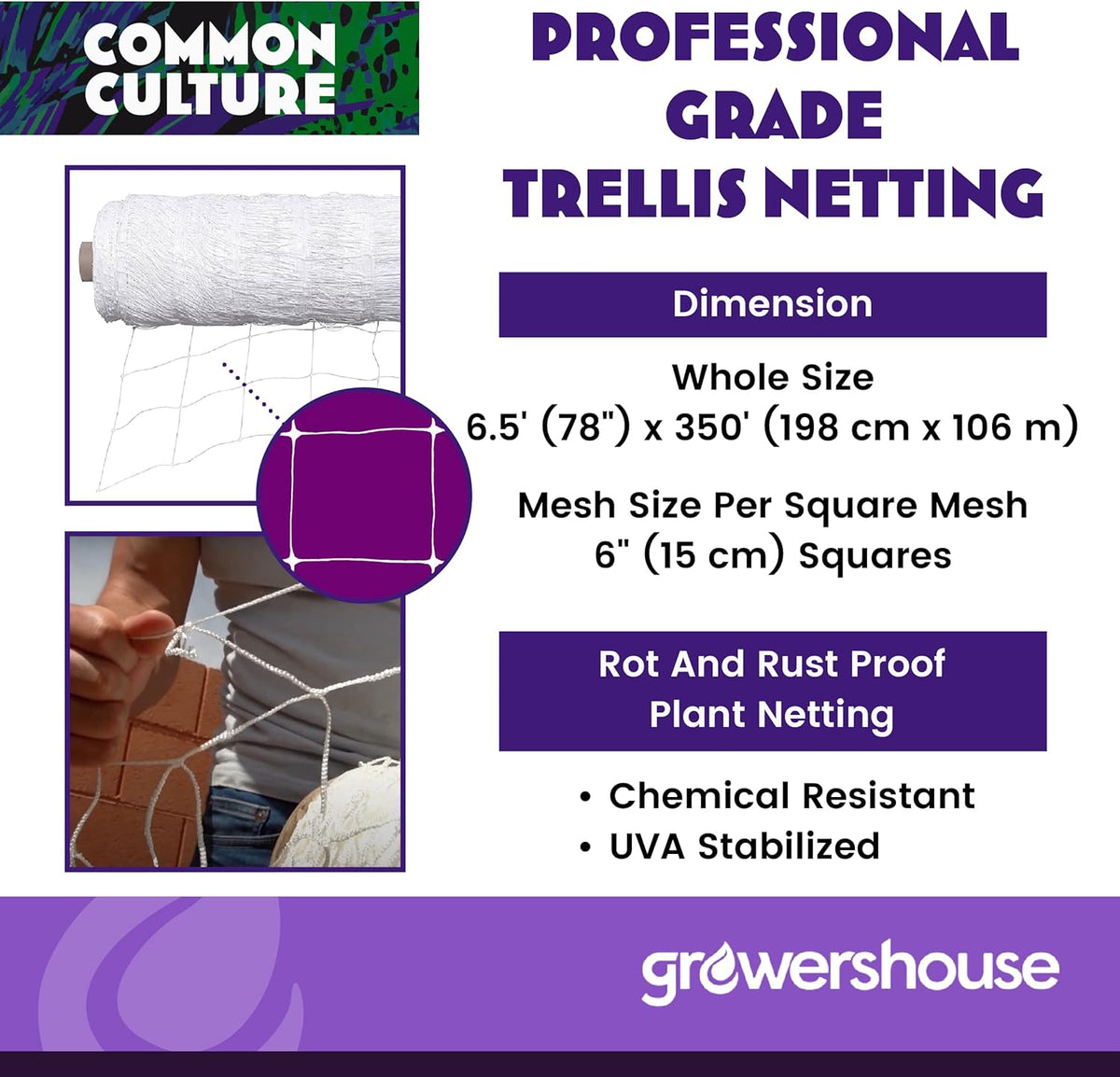 Soft Mesh Nylon Trellis Netting Bulk Roll - 6.5 x 350 ft Heavy-Duty Garden Netting for Plants + COMMON CULTURE Trimming Scissors