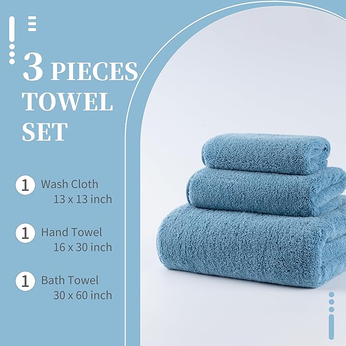 New Microfiber Bath Towel Set, 3 Piece, Oversize, Quick Dry, Lint Free, Includes Body, Hand and Face Towels