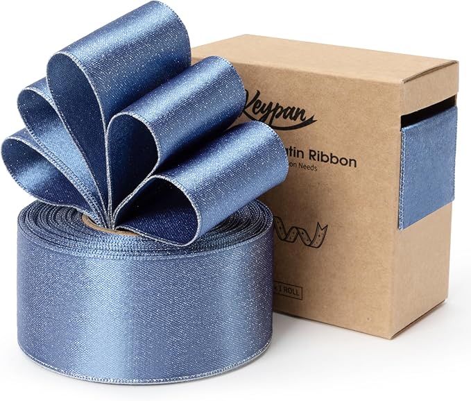 Dusty Blue Satin Wired Ribbon 1-1/2 Inch Double-Faced Sliver Glitter Christmas Ribbons for Wreath, Tree Decoration, Gift Wrapping, Home Decor 10 Yards