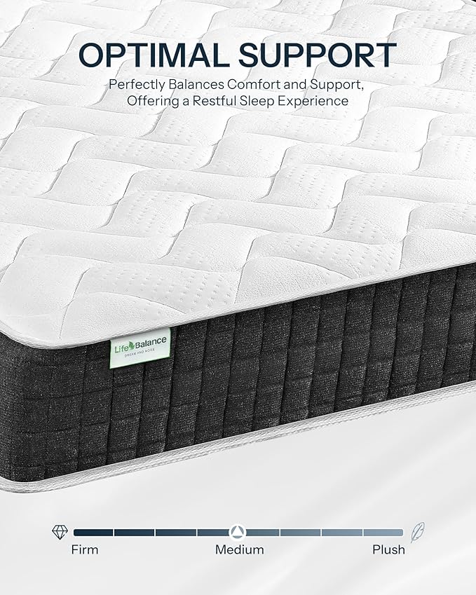 Life Balance Full Bed Mattress 12 Inch, Spinal Alignment Mattress with Individual Pocket Coils for Kids, CertiPUR-US Certified, Made in USA Full Size Mattresses in a Box, Medium Feel, CE-12-F