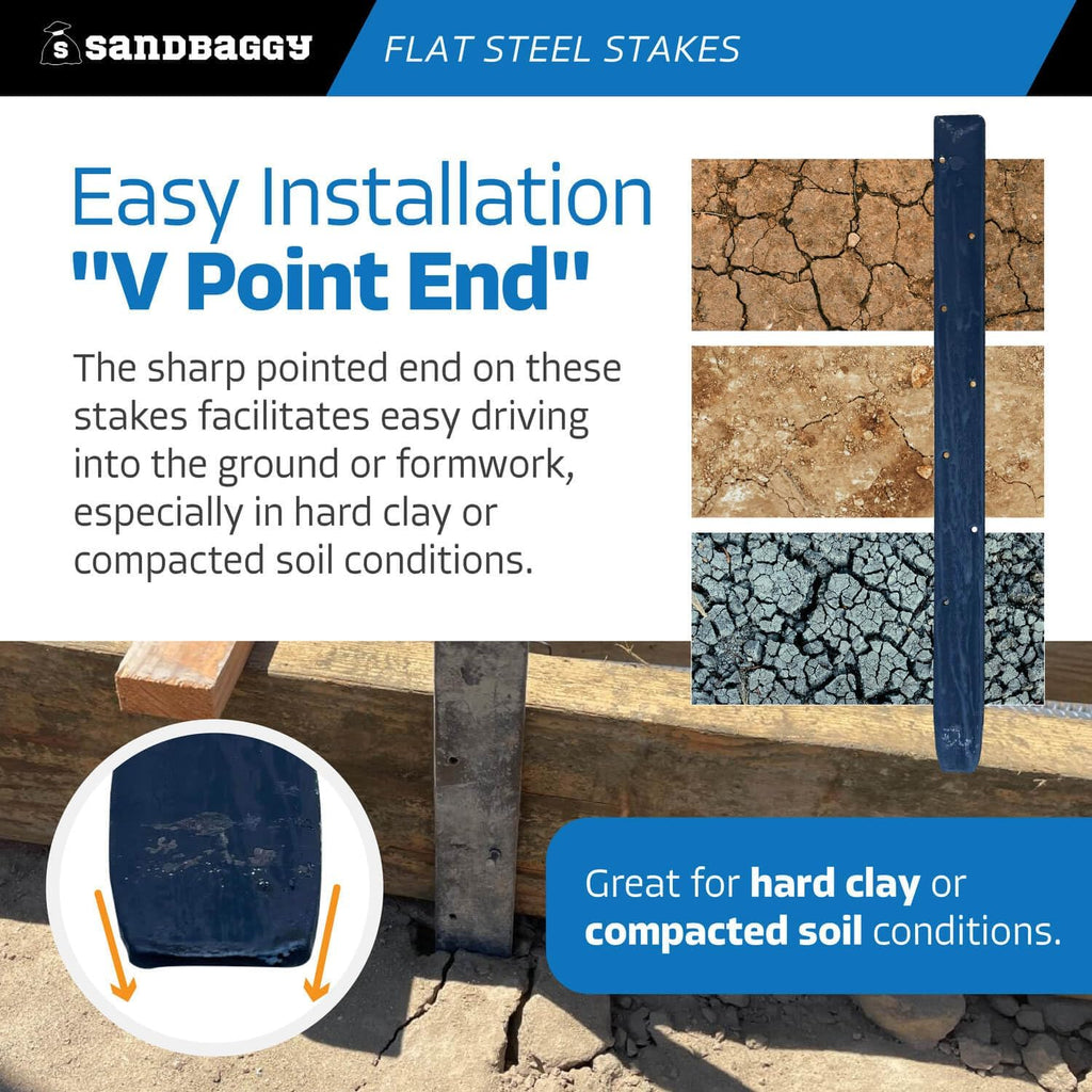 Sandbaggy Flat Steel Stakes for Concrete Forms with Nail Holes - 1.5" Wide - Painted - Removable, Reusable, V Point End - Construction Grade Stakes (10, 18 inch)