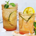 12pcs Vintage Drinking Glasses Set, 12 oz Highball Glasses & 9 oz Embossed Ribbed Glassware Cups for Thanksgiving Cocktail, Juice, Coffee, Whiskey (Amber)