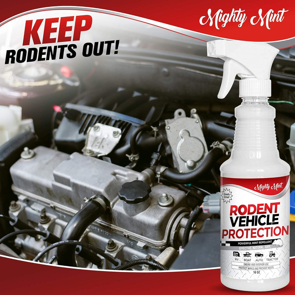 Mighty Mint Peppermint Oil Rodent Repellent Spray for Vehicles – Natural Mouse & Rat Control for Car Engines, RVs, Trucks & Boats – Plant-Based, Extra-Strong Formula – 16 oz