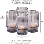 Serene Spaces Living Set of 4 Short Smoke Grey Ribbed Glass Votive Holder, Perfect for Weddings and Home Décor, Measures 3.75" Tall and 2.25" Diameter