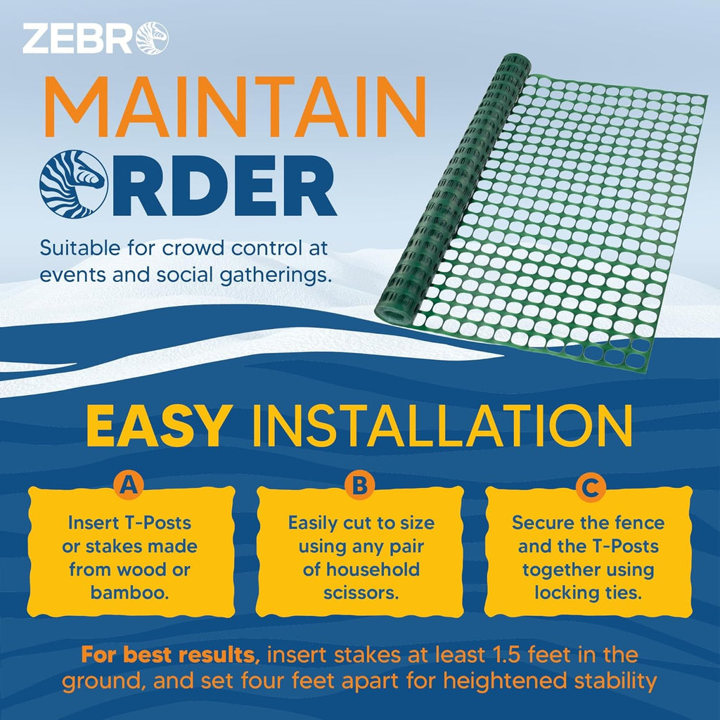 ZEBRO 4' x 100' Green Plastic Garden Fence Roll – Standard Duty Safety Netting for Snow, Poultry, Deer, Dogs – Reusable Outdoor Barrier for Yard, Landscaping, Animal Protection