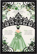 50Pcs Sage Green Crown Invitations for Quinceanera, 15 year, Sweet 16, Miss XV, Birthday Laser Cut Quince Invitation Cards Personalized Pearlized Black