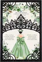 50Pcs Sage Green Crown Invitations for Quinceanera, 15 year, Sweet 16, Miss XV, Birthday Laser Cut Quince Invitation Cards Personalized Pearlized Black