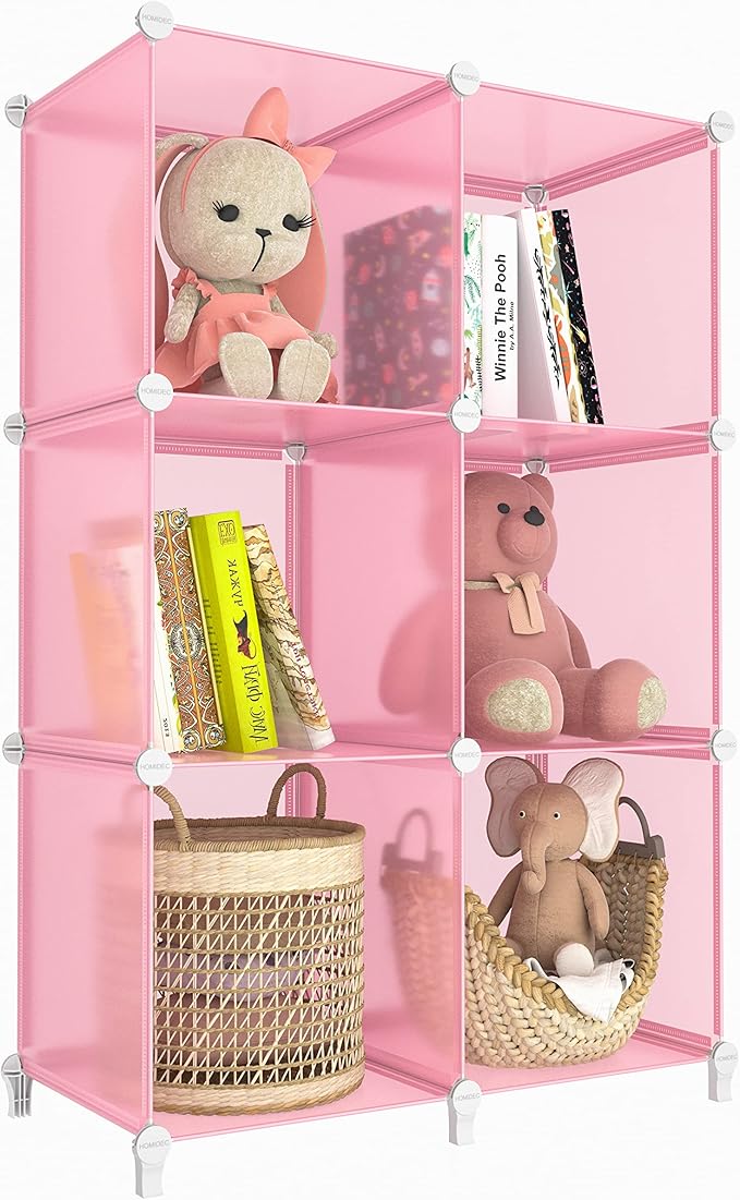HOMIDEC 6-Cube Storage Shelf, Storage Bookcase Bookshelf with Metal Hammer, Storage Cubes Organizer Cabinet for Kids, Closet, Bedroom, Bathroom, (11.8x11.8x11.8 inch), Light Pink