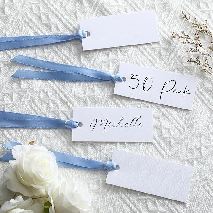 50 Pcs Name Place Cards for Table Setting Blank Wedding Place Cards with Satin Ribbon 1.57 x 3.54 Inch Hanging Gift Tags for Wedding Dinner Banquet Party Table Setting Supplies(Blue)