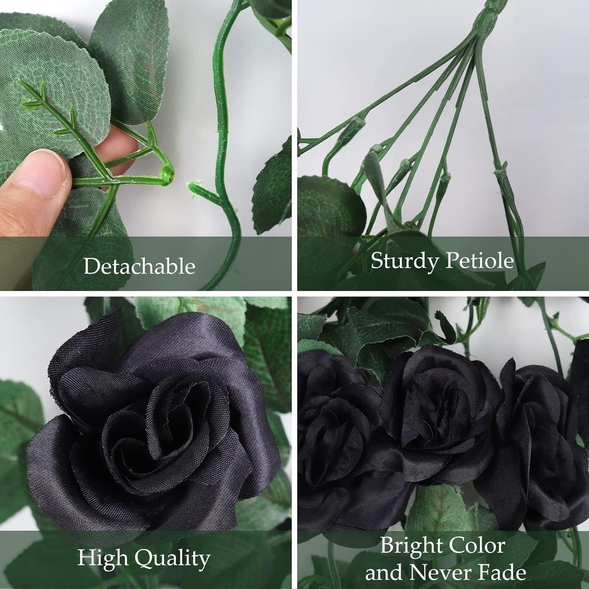 RECUTMS Artificial Hanging Rose Flower 4Pieces 3.3Ft Flowers for Outdoors with 30 LED Fairy String Lights Fake Indoor Wall Wedding (Black)