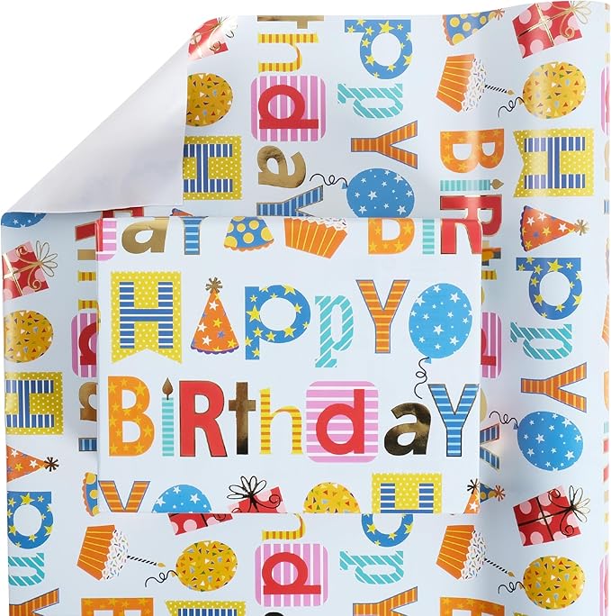 Aimyoo Blue Birthday Wrapping Paper Roll - 17 Inch X 16.4 Feet - Gold Foil Happy Birthday Lettering & Balloon Design Gift Wrap for Kids, Baby Showers